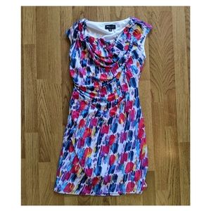 New! Bright watercolor ruched, cowl-neck dress